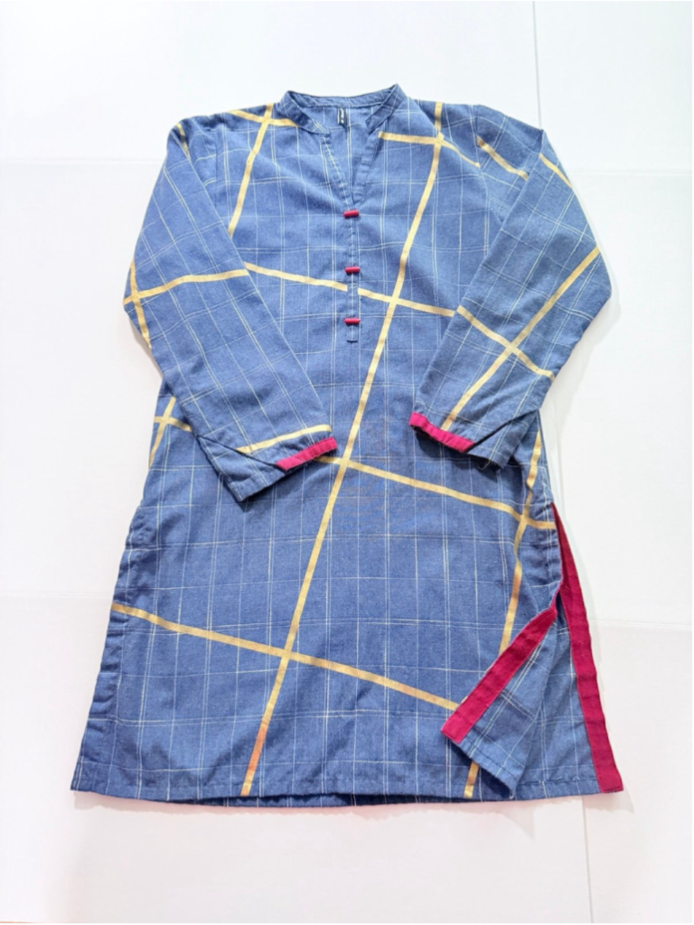 Beechtree Women’s Blue Plaid Kurta Tunic Red Trim Long Sleeve Pakistani Sz 8